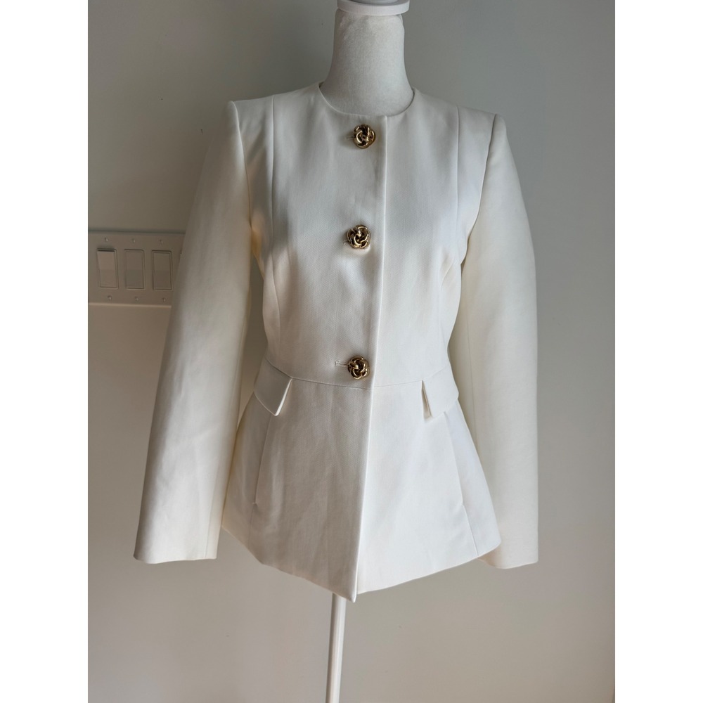 Zara Women White Collarless Peplum Blazer Gold Knot Buttons XS NEW